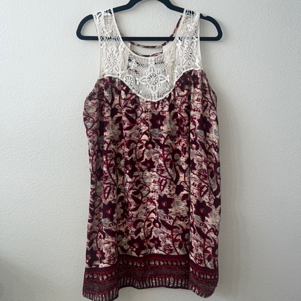 Floral mini dress with crochet detail size large.
